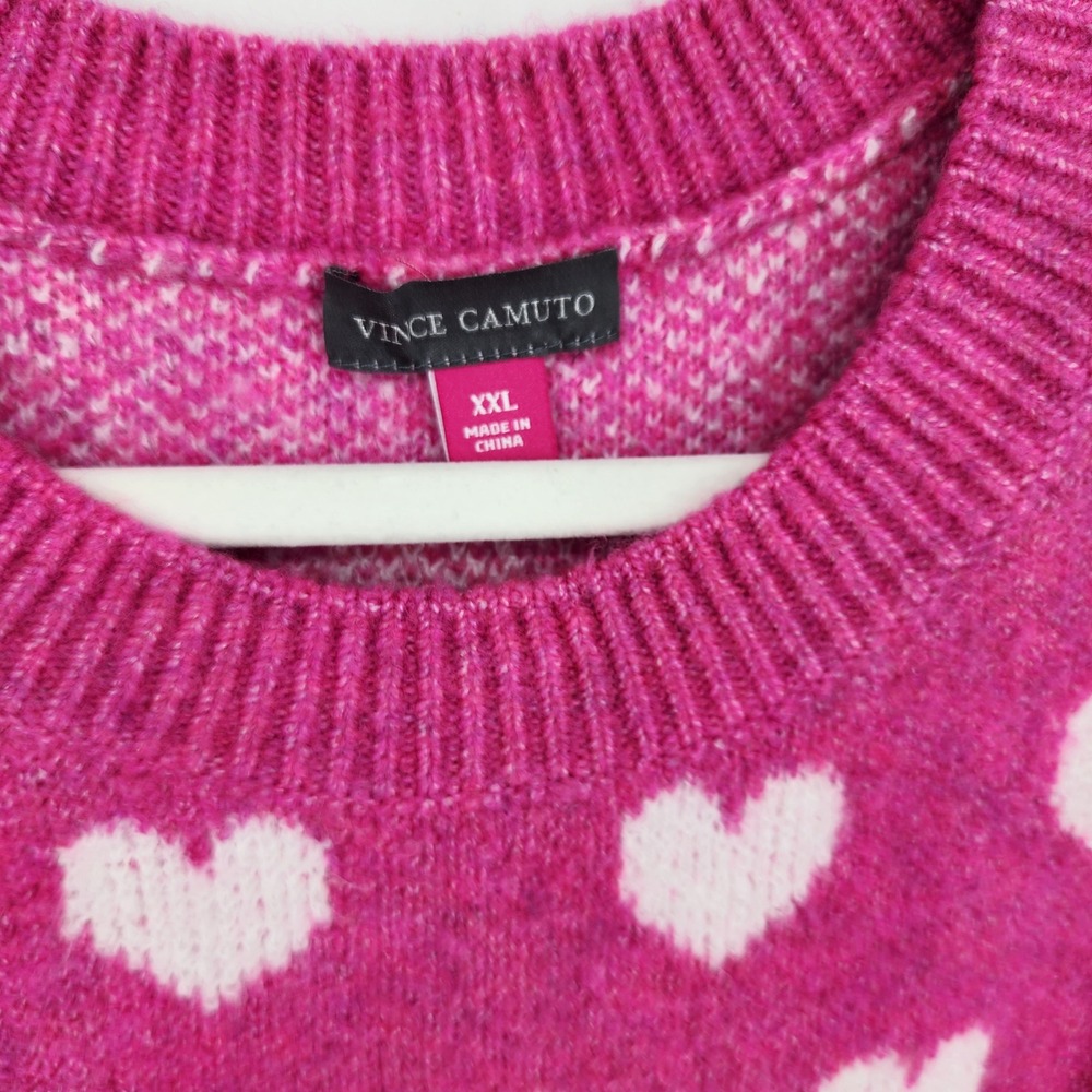 Vince Camuto Heart Print Pullover Sweater Womens XXL Pink Crew Neck Relaxed Fit - Picture 3 of 9